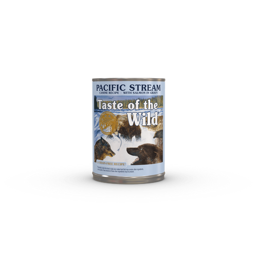 A can of Pacific Stream Canine Recipe with Salmon in Gravy.
