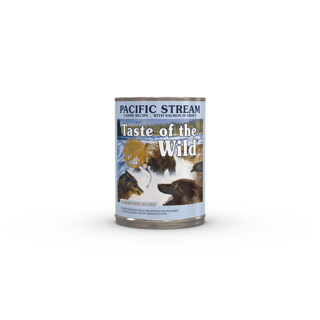A can of Pacific Stream Canine Recipe with Salmon in Gravy.
