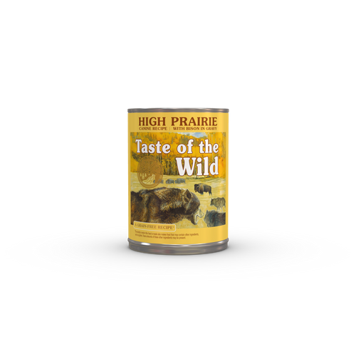 A can of High Prairie Canine Recipe with Bison in Gravy.