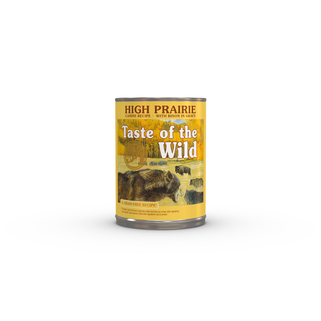 A can of High Prairie Canine Recipe with Bison in Gravy.