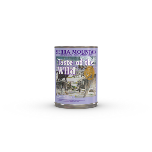 The front of a can of Sierra Mountain Canine Recipe with Lamb in Gravy.